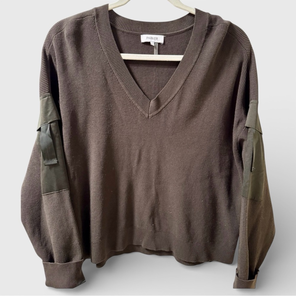 Parker Cargo Sleeve V Neck Sweater Deep Olive Khaki  Large Utility Military - Picture 2 of 10